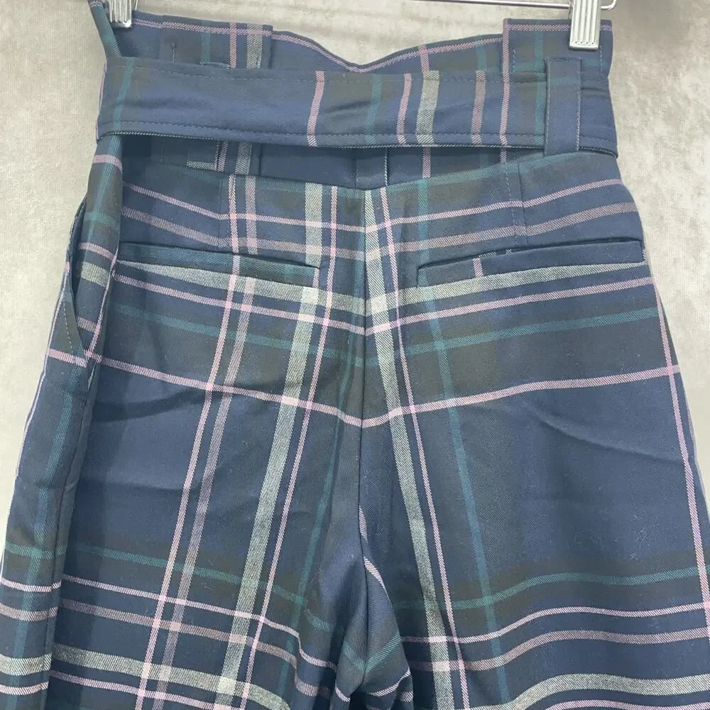 NY & Co 7th Ave 28x33 Women 2 Navy Pink Plaid Pants High Waist Wide Leg Academia - Picture 5 of 10